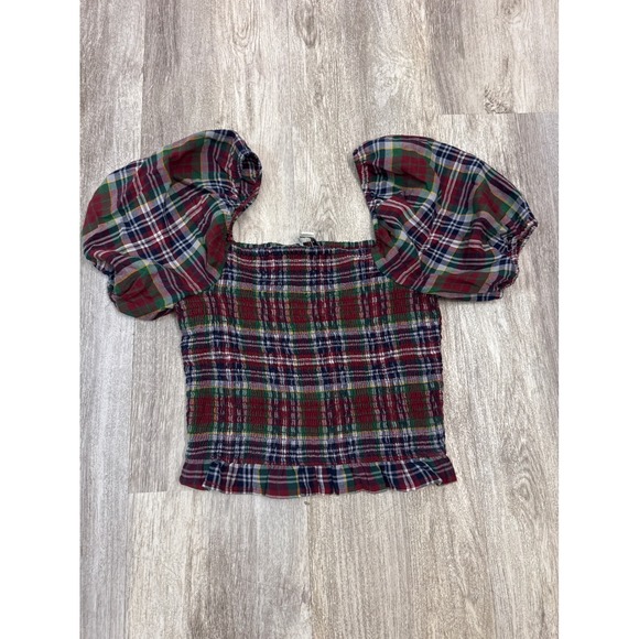 American Eagle Outfitters Tops - American Eagle Plaid‎ Smocked Puff Sleeve Crop Top Red Green Blue Womens M NWT